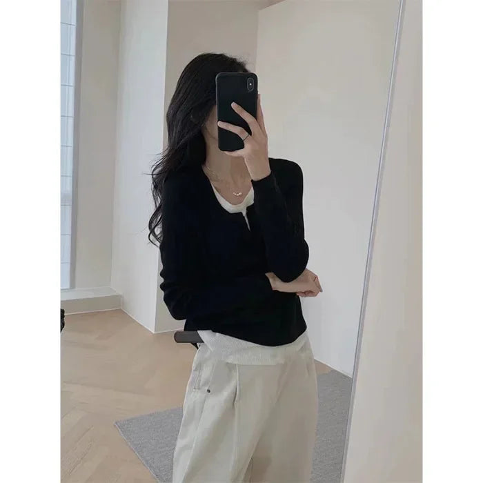 Y2k Black Fake Two Pieces Long Sleeves Shirt Women Autumn Irregular Patchwork Tops Slim-fit Bottom Knit Shirts Aesthetic Clothes