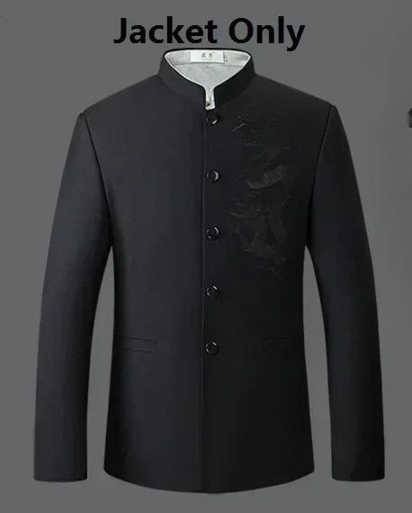Mens Slim Fit Stand Collar Suits Dargon Embroidered Fashion Chinese Tang Suits Male Stylish Casual Suits Set Tangsuit FS-102