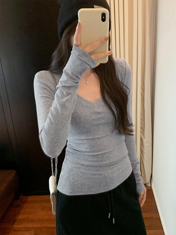 Women Fashion Solid Color V Neck T Shirt for Women Cotton Elastic Basic T-shirts Female Casual Top Long Sleeve Sexy Y2k Clothes