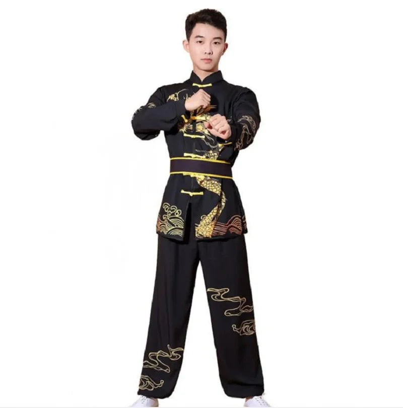 New Chinese Style Men Women Embroidered Dragon Kung Fu Suit Tai chi Wushu Uniform Outdoor Sport Long Sleeve Jacket Pants Sets