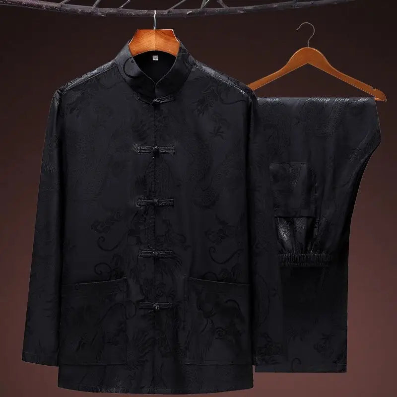 Hot Sale New Chinese Traditiona Men Silk Satin Kung Fu Suit Tang Suit Sets Long Sleeve Jacket Pants Dragon Wu Shu Tai Chi Sets