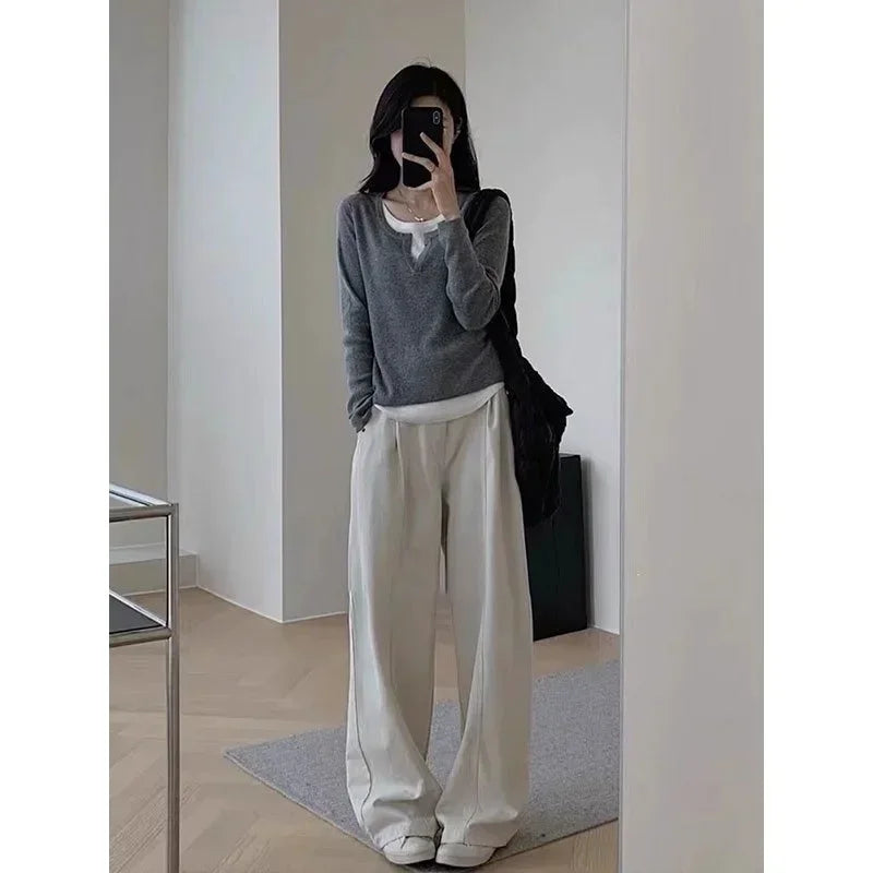 Y2k Black Fake Two Pieces Long Sleeves Shirt Women Autumn Irregular Patchwork Tops Slim-fit Bottom Knit Shirts Aesthetic Clothes