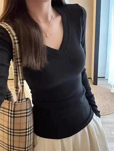 Women Fashion Solid Color V Neck T Shirt for Women Cotton Elastic Basic T-shirts Female Casual Top Long Sleeve Sexy Y2k Clothes