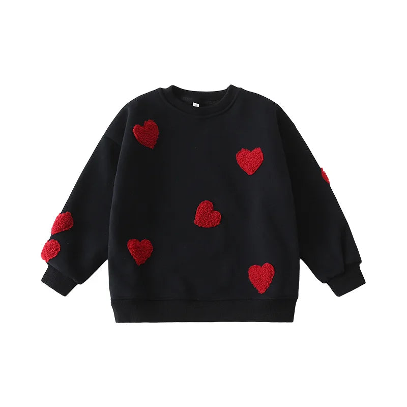 2026 Family Matching Set Red Heart Print Fleece Sweatshirts Parents & Kids Couple Outfit Warm Winter Clothes Dad Mom Toddler Top