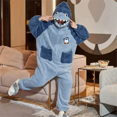 New Men Women Pajamas Animal Oneises Couple One-piece Pyjamas Winter Coral Fleece Cartoon Large Size Hooded Party Jumpsuit M-3XL