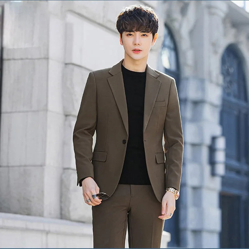 S-6XL Men's Business Casual Suit Korean Style Trendy Slim Fit 2 Piece Set Solid Color （Blazer+ Pants )Groom Wedding Dress Party