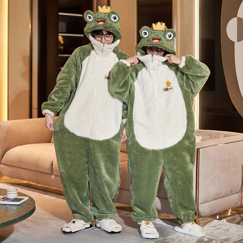 New Men Women Pajamas Animal Oneises Couple One-piece Pyjamas Winter Coral Fleece Cartoon Large Size Hooded Party Jumpsuit M-3XL