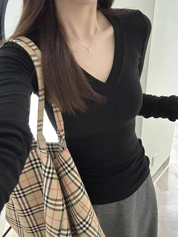 Women Fashion Solid Color V Neck T Shirt for Women Cotton Elastic Basic T-shirts Female Casual Top Long Sleeve Sexy Y2k Clothes