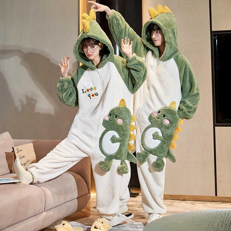 New Men Women Pajamas Animal Oneises Couple One-piece Pyjamas Winter Coral Fleece Cartoon Large Size Hooded Party Jumpsuit M-3XL
