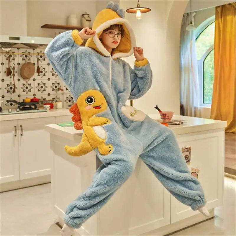 New Men Women Pajamas Animal Oneises Couple One-piece Pyjamas Winter Coral Fleece Cartoon Large Size Hooded Party Jumpsuit M-3XL