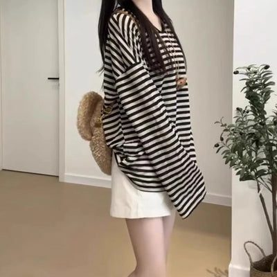 Women T-shirts Baggy Casual T-Shirts Girls Retro Striped Long Sleeve Clothes Lady Fashion Comfortable Daily Tops