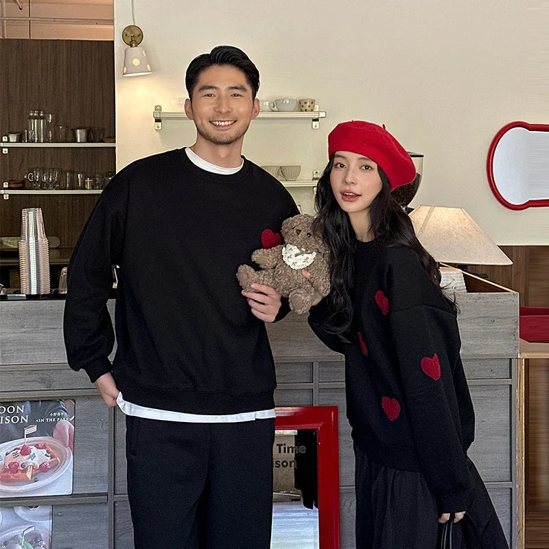 2026 Family Matching Set Red Heart Print Fleece Sweatshirts Parents & Kids Couple Outfit Warm Winter Clothes Dad Mom Toddler Top