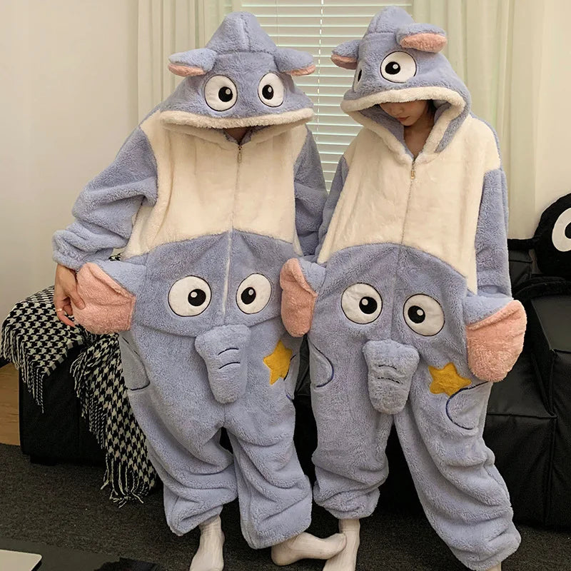 New Men Women Pajamas Animal Oneises Couple One-piece Pyjamas Winter Coral Fleece Cartoon Large Size Hooded Party Jumpsuit M-3XL