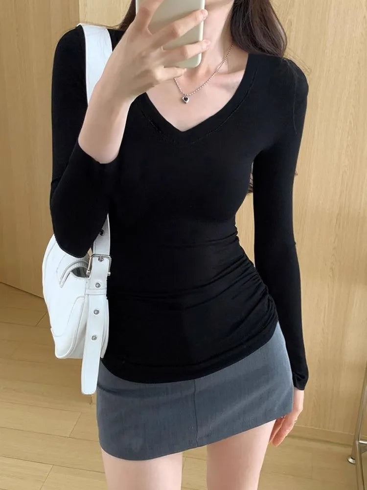 Women Fashion Solid Color V Neck T Shirt for Women Cotton Elastic Basic T-shirts Female Casual Top Long Sleeve Sexy Y2k Clothes