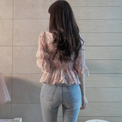 Blouses Women Slim Floral Print Lantern Sleeve Elegant Female Temperament Schoolgirls Summer All-match Leisure Holiday Clothes