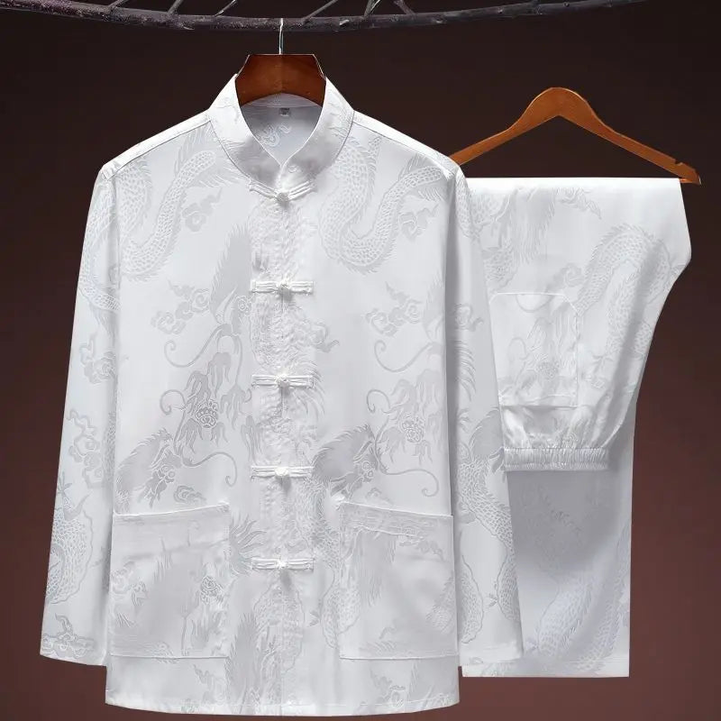 Hot Sale New Chinese Traditiona Men Silk Satin Kung Fu Suit Tang Suit Sets Long Sleeve Jacket Pants Dragon Wu Shu Tai Chi Sets