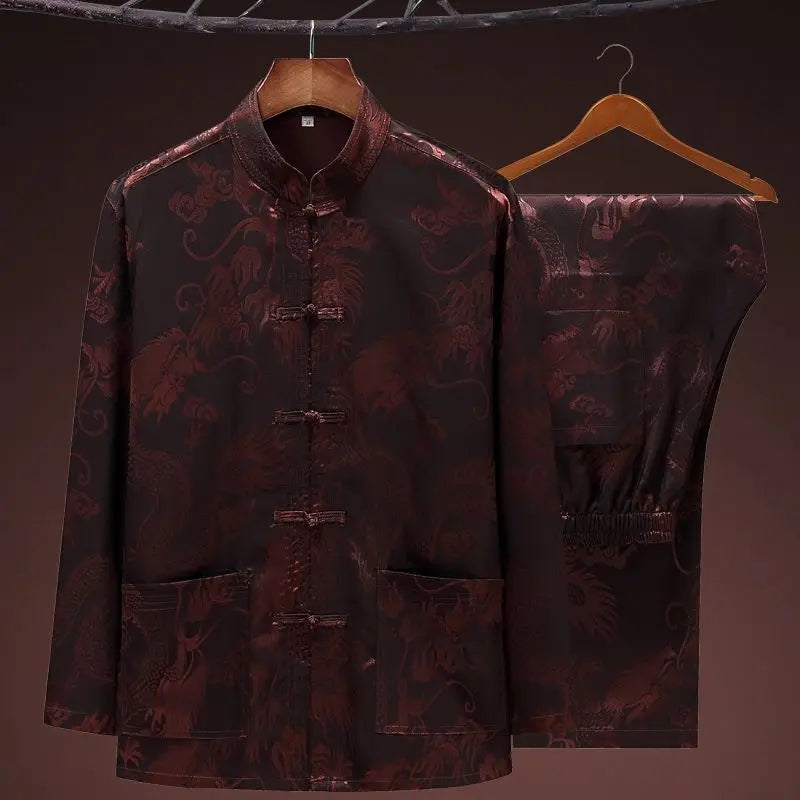 Hot Sale New Chinese Traditiona Men Silk Satin Kung Fu Suit Tang Suit Sets Long Sleeve Jacket Pants Dragon Wu Shu Tai Chi Sets