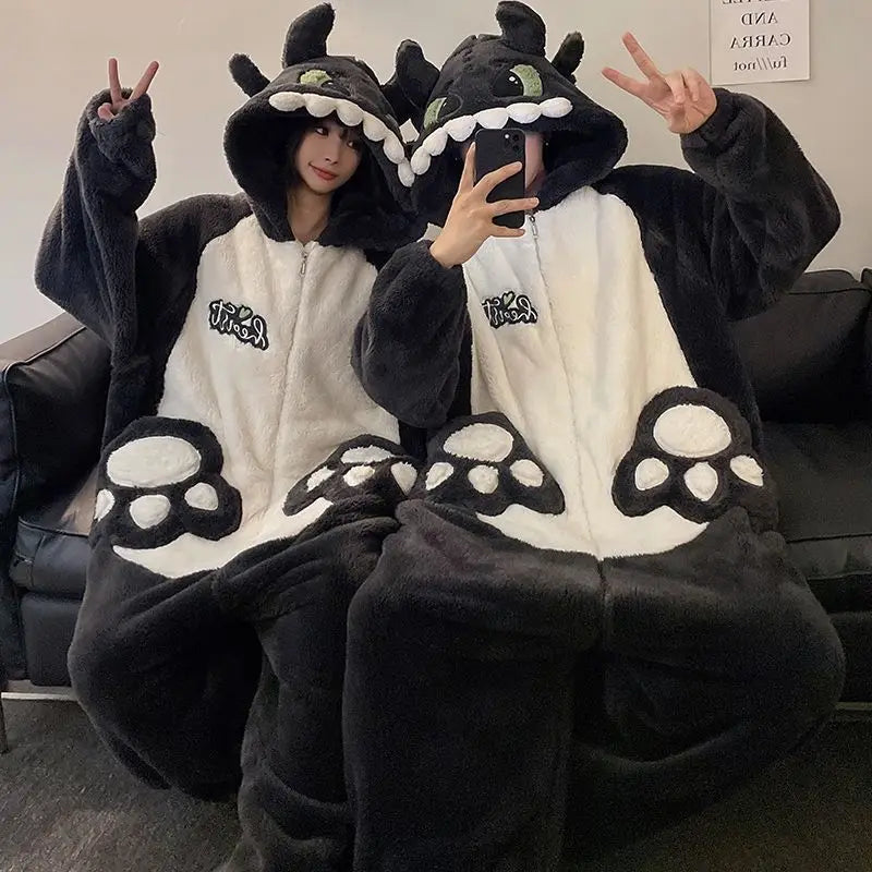 New Men Women Pajamas Animal Oneises Couple One-piece Pyjamas Winter Coral Fleece Cartoon Large Size Hooded Party Jumpsuit M-3XL