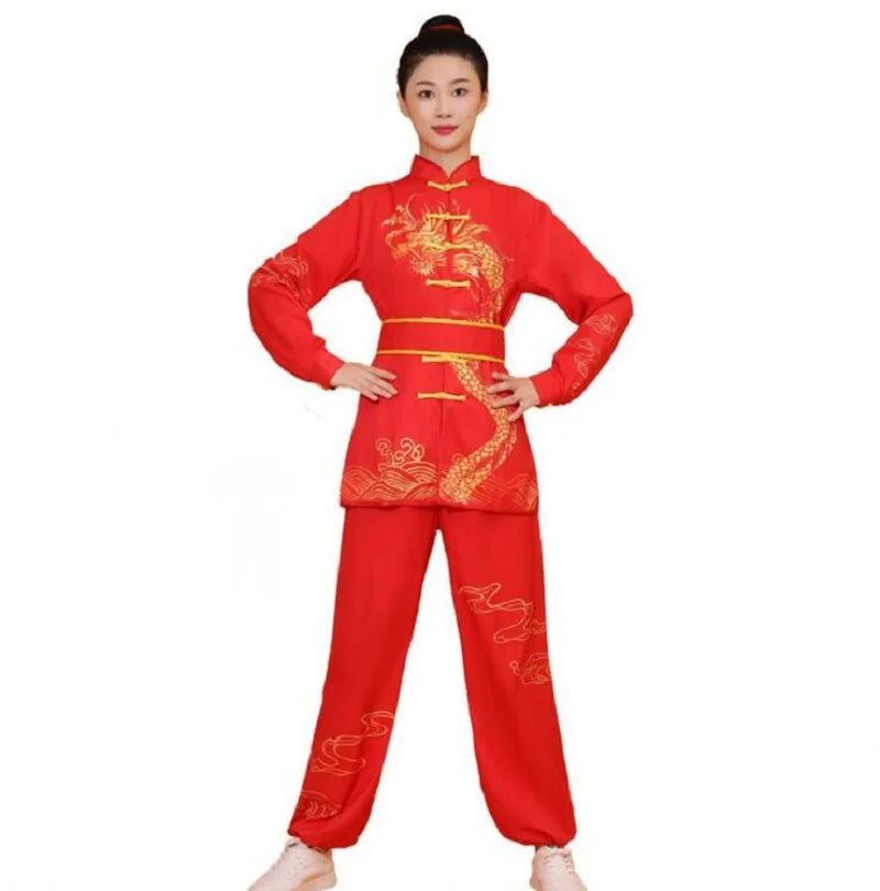 New Chinese Style Men Women Embroidered Dragon Kung Fu Suit Tai chi Wushu Uniform Outdoor Sport Long Sleeve Jacket Pants Sets