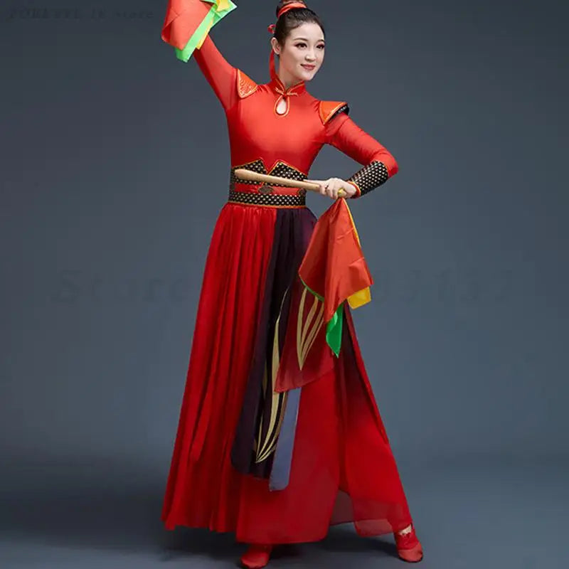 Chinese Folk Dance Costumes Retro Yangko Drumming Clothing Ancient Chivalrous Women's Hanfu Stage Performance Dance Outfit 4XL