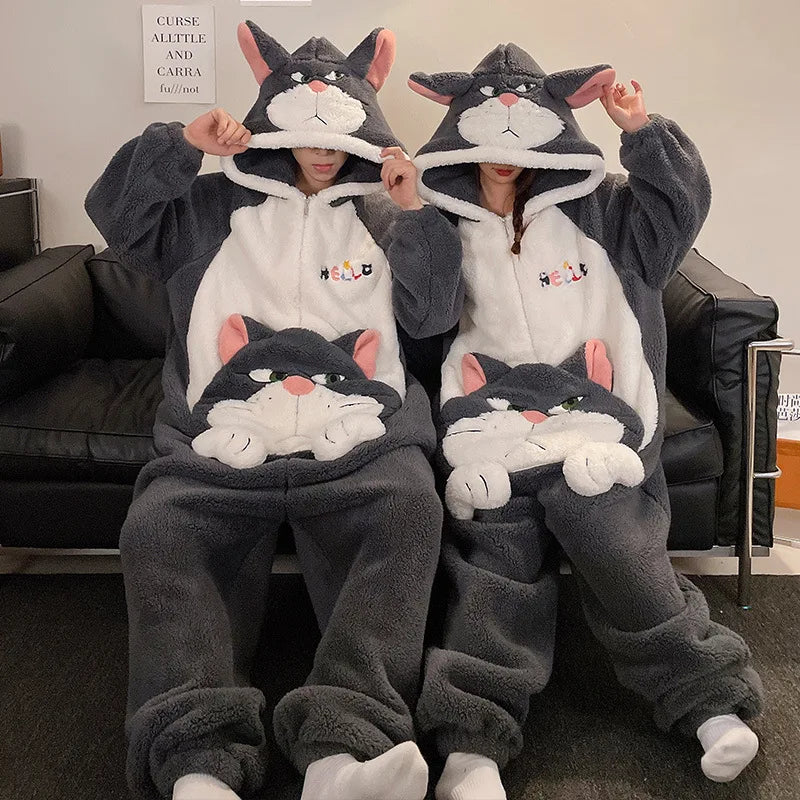 New Men Women Pajamas Animal Oneises Couple One-piece Pyjamas Winter Coral Fleece Cartoon Large Size Hooded Party Jumpsuit M-3XL