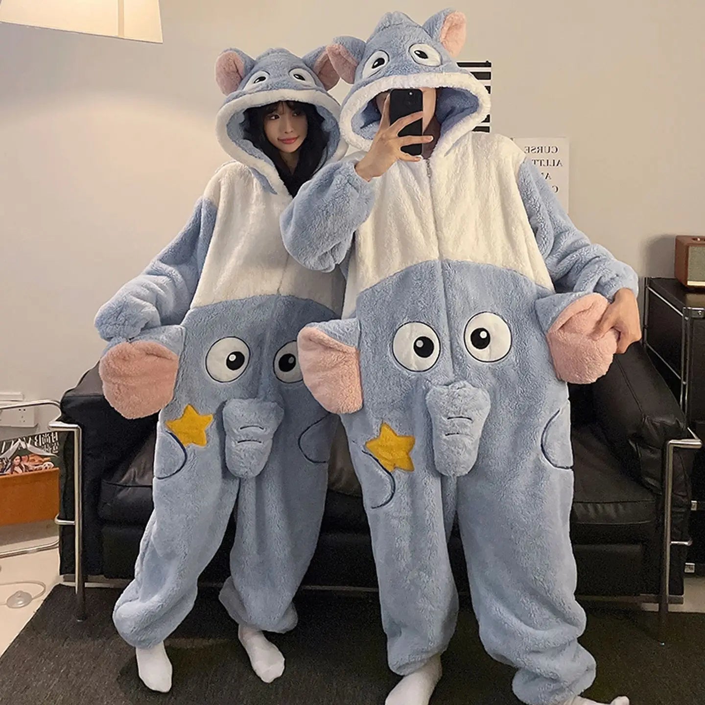 New Men Women Pajamas Animal Oneises Couple One-piece Pyjamas Winter Coral Fleece Cartoon Large Size Hooded Party Jumpsuit M-3XL