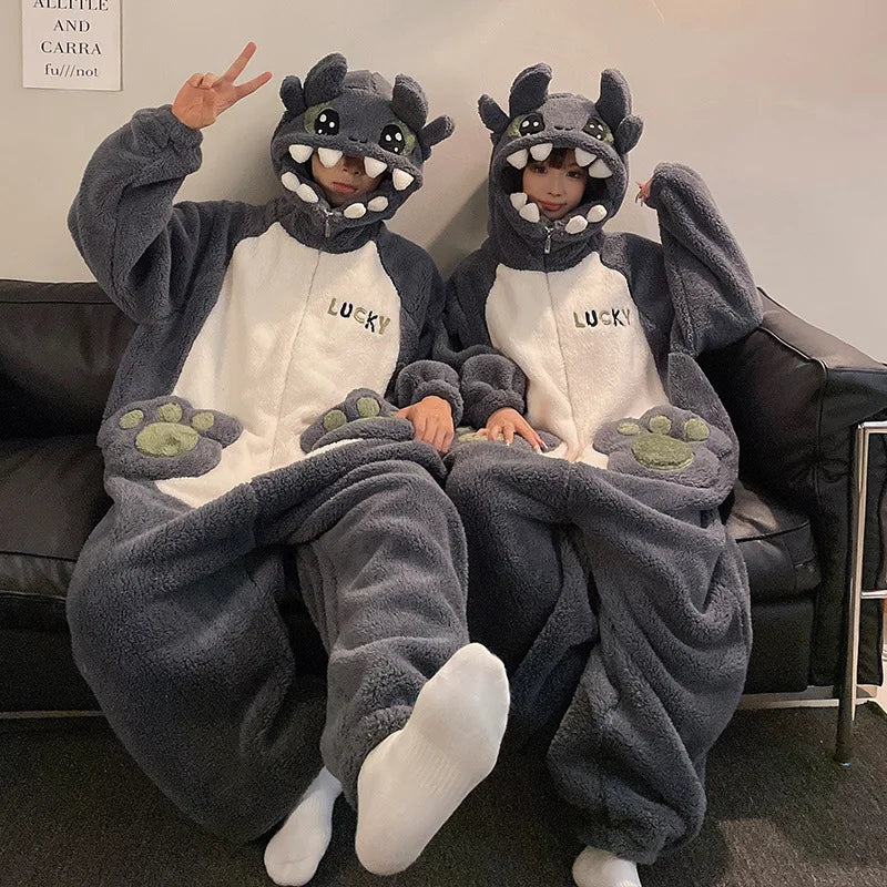 New Men Women Pajamas Animal Oneises Couple One-piece Pyjamas Winter Coral Fleece Cartoon Large Size Hooded Party Jumpsuit M-3XL