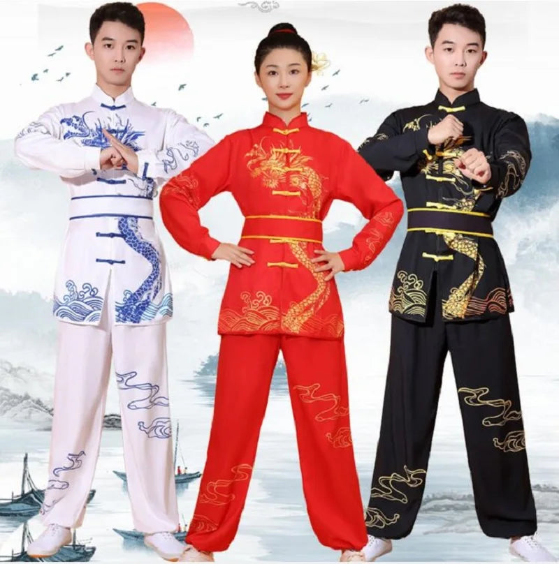New Chinese Style Men Women Embroidered Dragon Kung Fu Suit Tai chi Wushu Uniform Outdoor Sport Long Sleeve Jacket Pants Sets