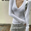 Women Fashion Solid Color V Neck T Shirt for Women Cotton Elastic Basic T-shirts Female Casual Top Long Sleeve Sexy Y2k Clothes