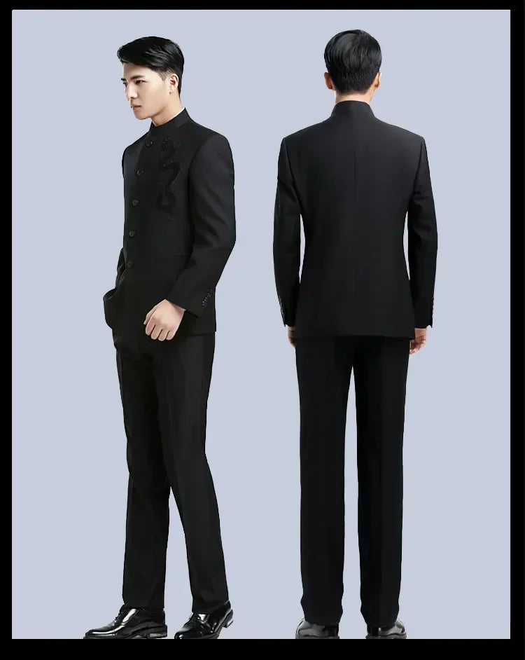 Mens Slim Fit Stand Collar Suits Dargon Embroidered Fashion Chinese Tang Suits Male Stylish Casual Suits Set Tangsuit FS-102